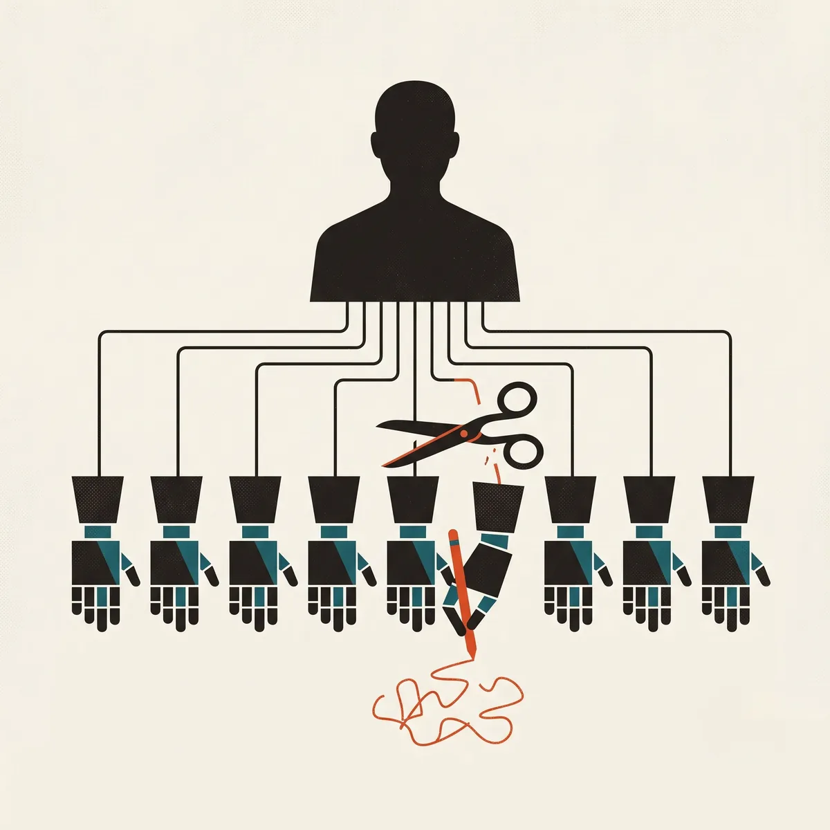 An org chart drawn as one human silhouette wired to a row of mechanical hands below, scissors snipping the one line where a machine hand has started scribbling on its own in vermilion