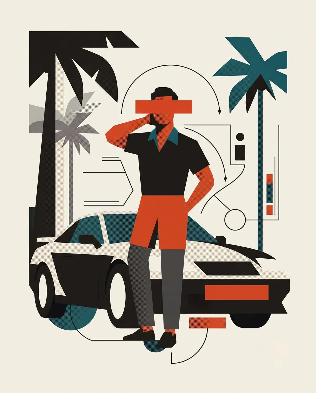 A posing influencer beside a low sports car under palm trees, his face covered by one bold vermilion censor bar