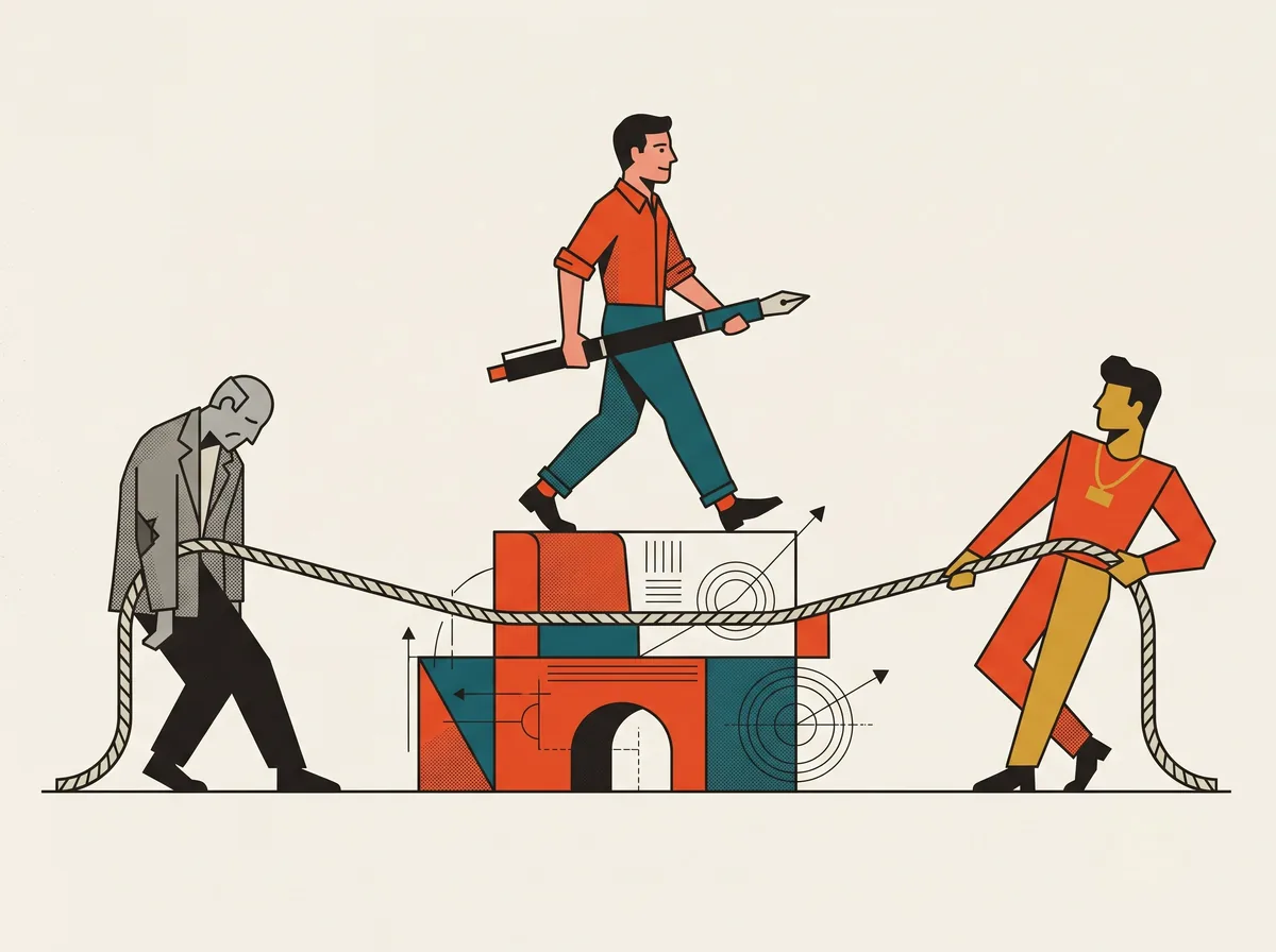 A tug-of-war rope sagging between a slumped gray veteran and a gold-chained posing youth, while a centered figure in rolled sleeves walks the rope carrying a giant pen