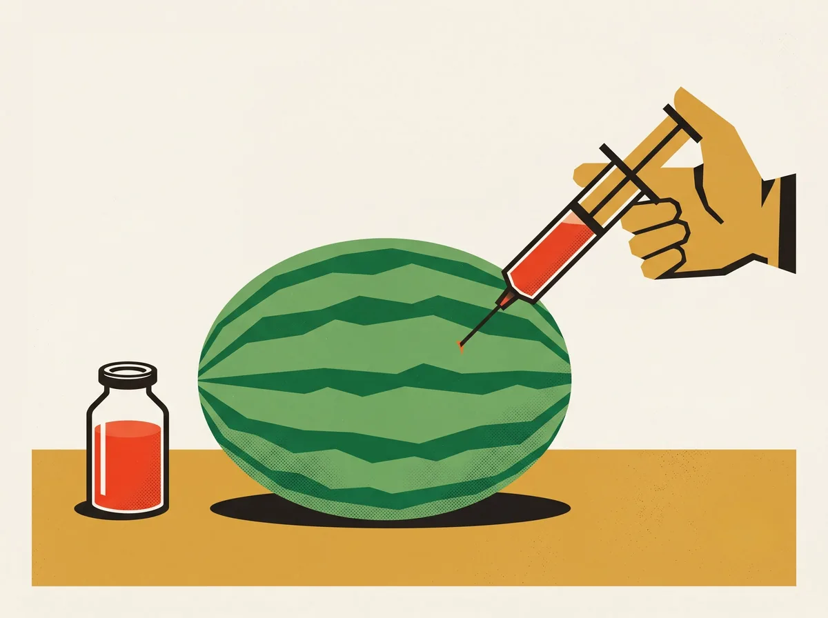 A gloved hand pushes a large syringe of vivid red liquid into a whole striped watermelon, a small bottle of the same red liquid beside it
