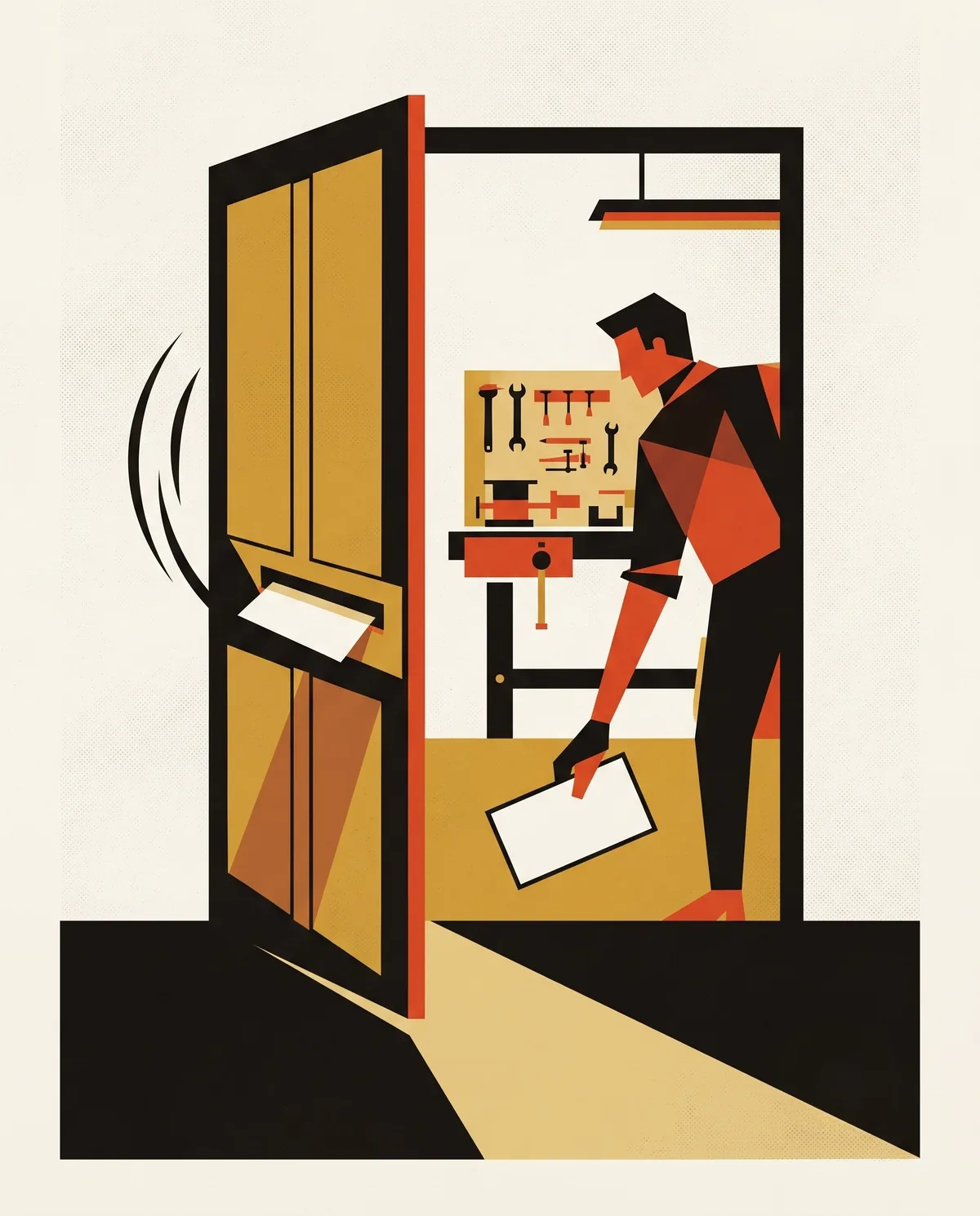 A workshop door swings open, an envelope in its mail slot, while the man inside turns from his tool bench and reaches down for another envelope on the floor