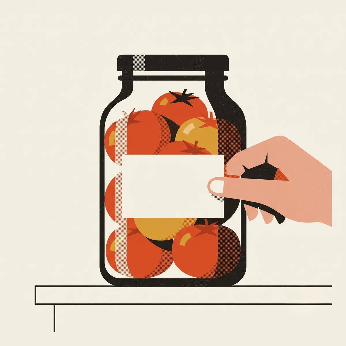 A hand presses a plain blank label onto a glass jar packed with ripe tomatoes