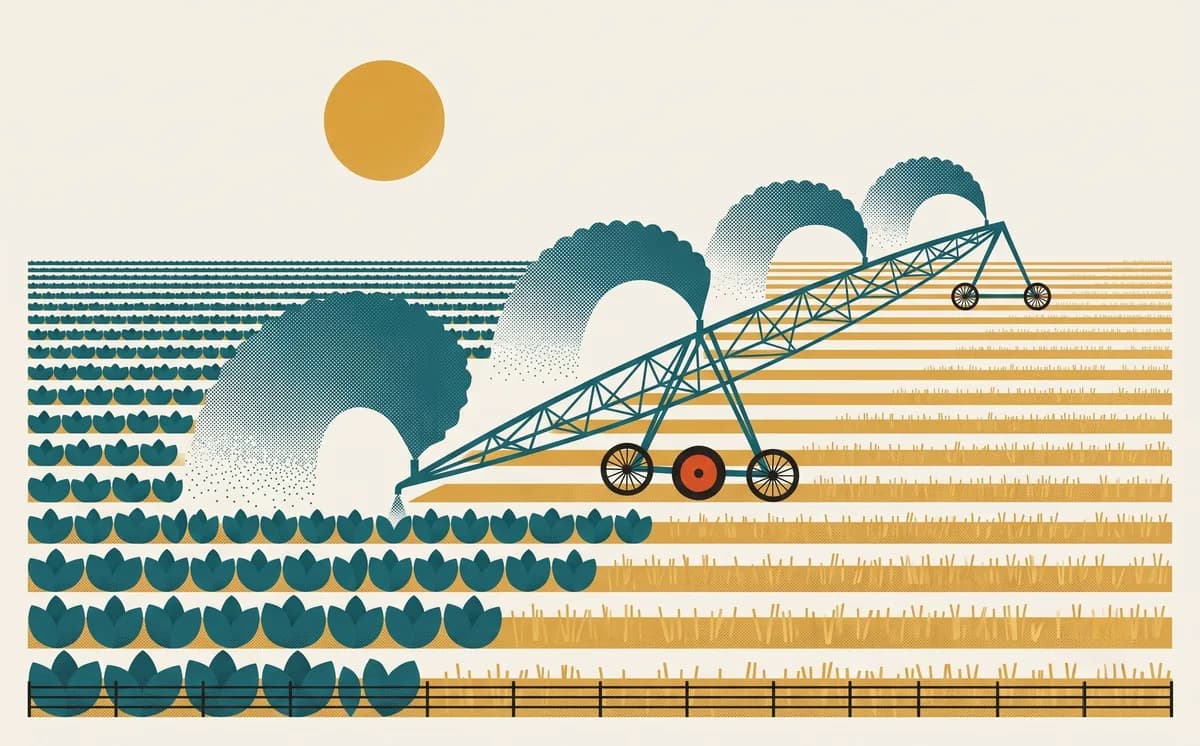 A center-pivot irrigation arm of teal lattice rolls across a field, fans of water falling, dusty ochre stubble turning to plump teal crop rows behind it under a mustard sun