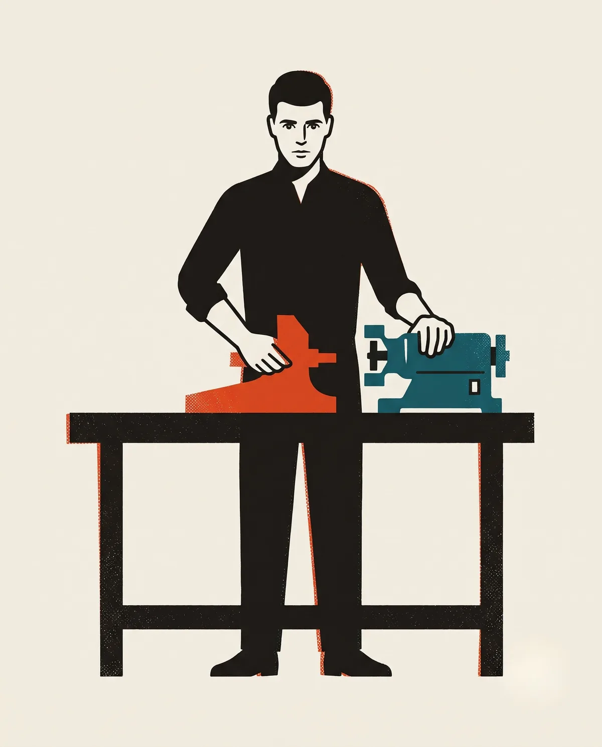 A composed figure at a workbench, one hand shaping something by hand while the other guides a small machine that assists, calm and in command