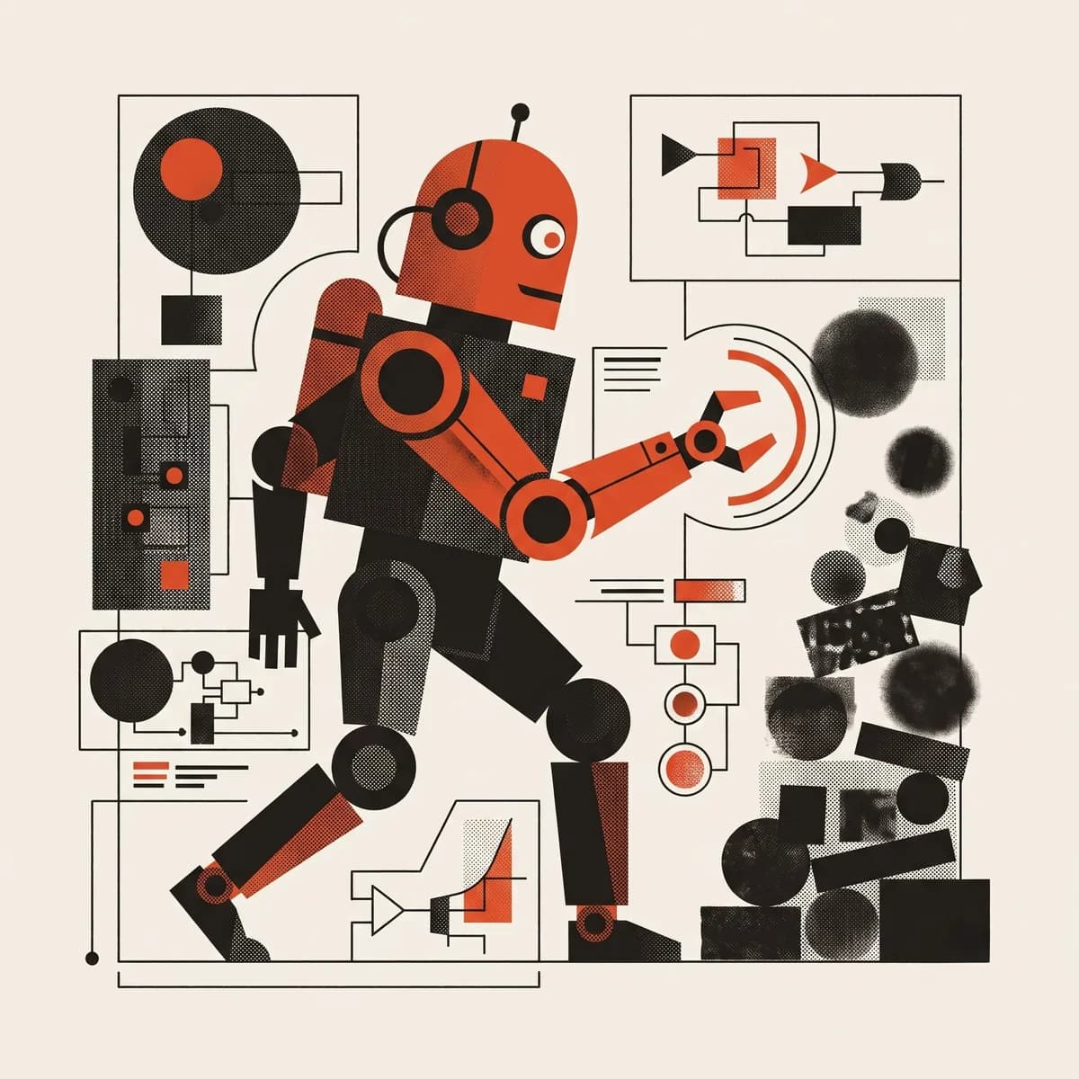 The same robot subject redrawn flat in the house style with halftone texture and a single vermilion accent, surrounded by diagram panels