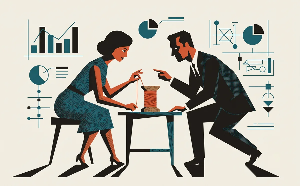 Two figures leaning in across a small table, the owner's story wound as a vermilion thread onto a wooden spool between them, charts floating around