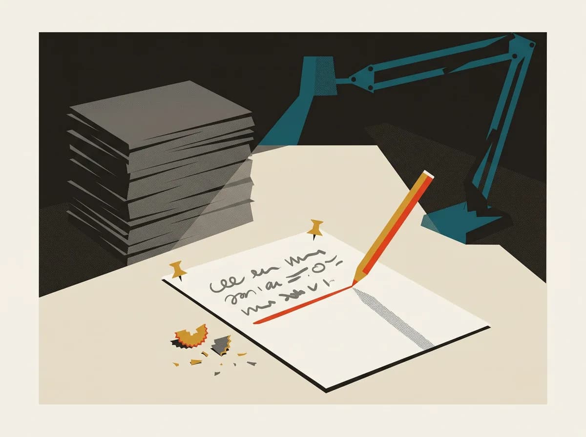 A single pinned page under a swing-arm lamp, a red pencil mid-strike through an abstract scribbled line, shavings on the desk, a stack of untouched pages in shadow