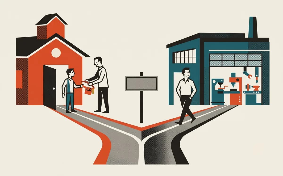 A road forking at a blank signpost: on one path a figure receives a toolbelt at a schoolhouse door, on the other a figure strolls hands-in-pockets while a workshop hums for him