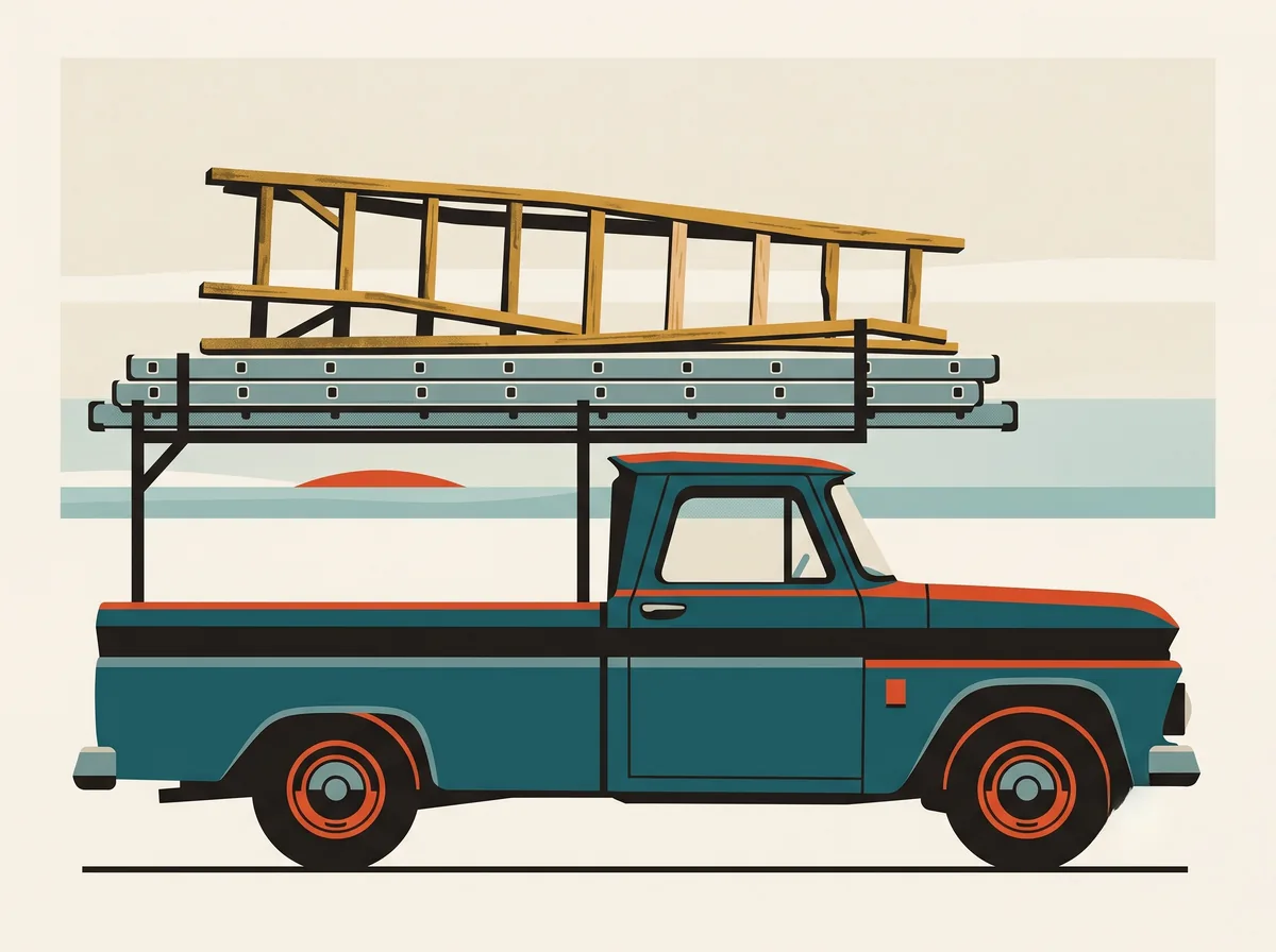 A classic pickup truck in full side view at dawn, a rack above the bed carrying two aluminum ladders and one weathered wooden ladder on top