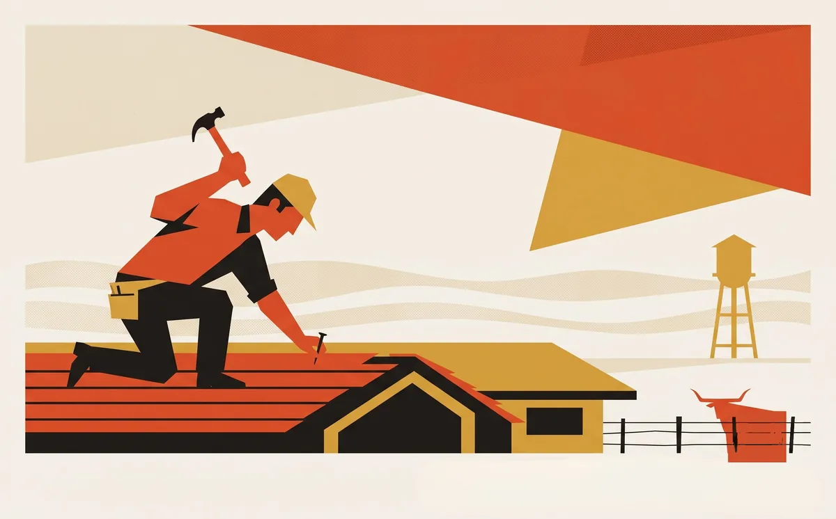 A Texas roofer hammers a vermilion shingle line on a low ranch house under a huge two-tone sky, a water tower and a longhorn at the fence line