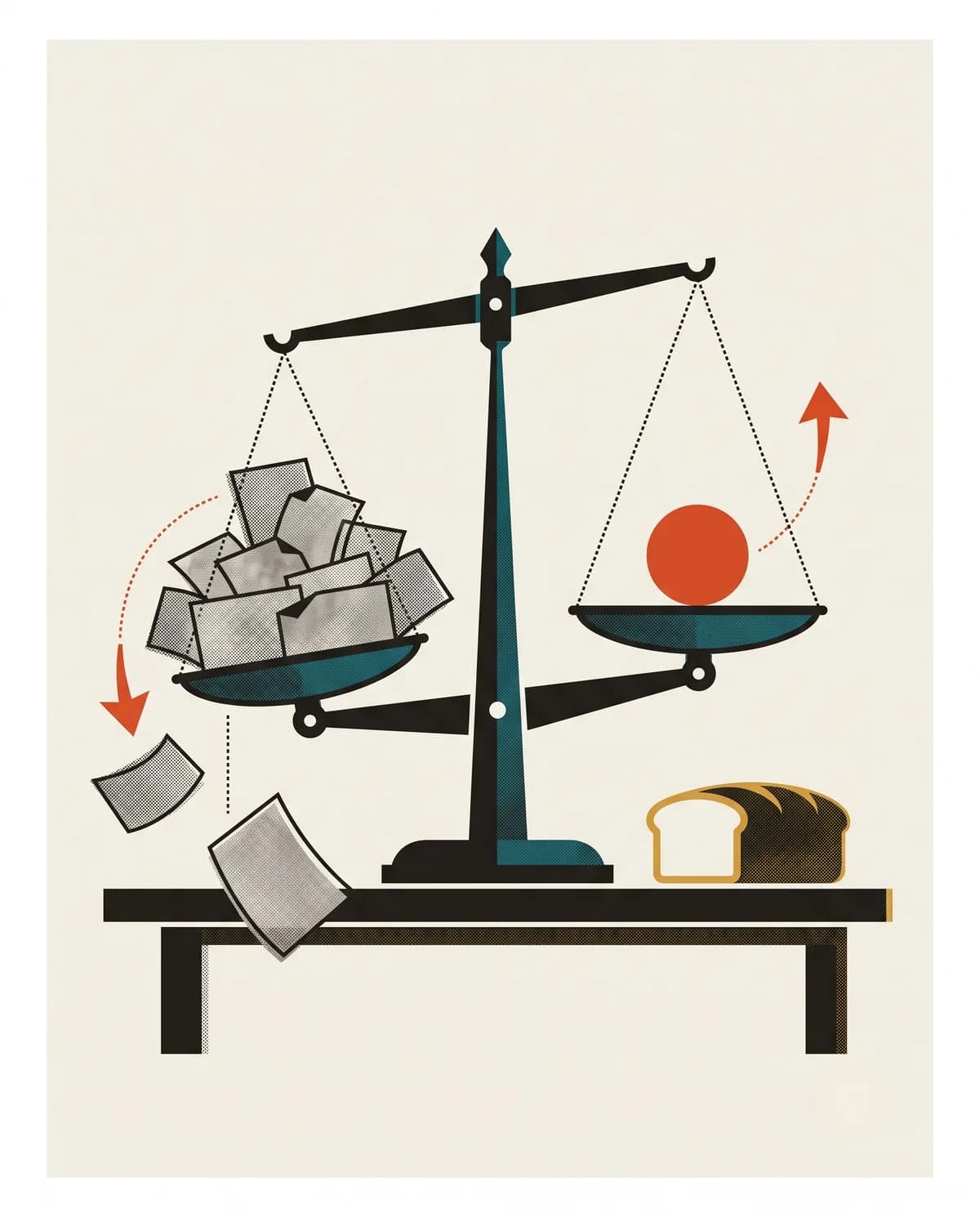 A balance scale mid-settle: a pile of gray invoice slips toppling off one pan while a single vermilion coin outweighs them on the other, a loaf of bread waiting beside