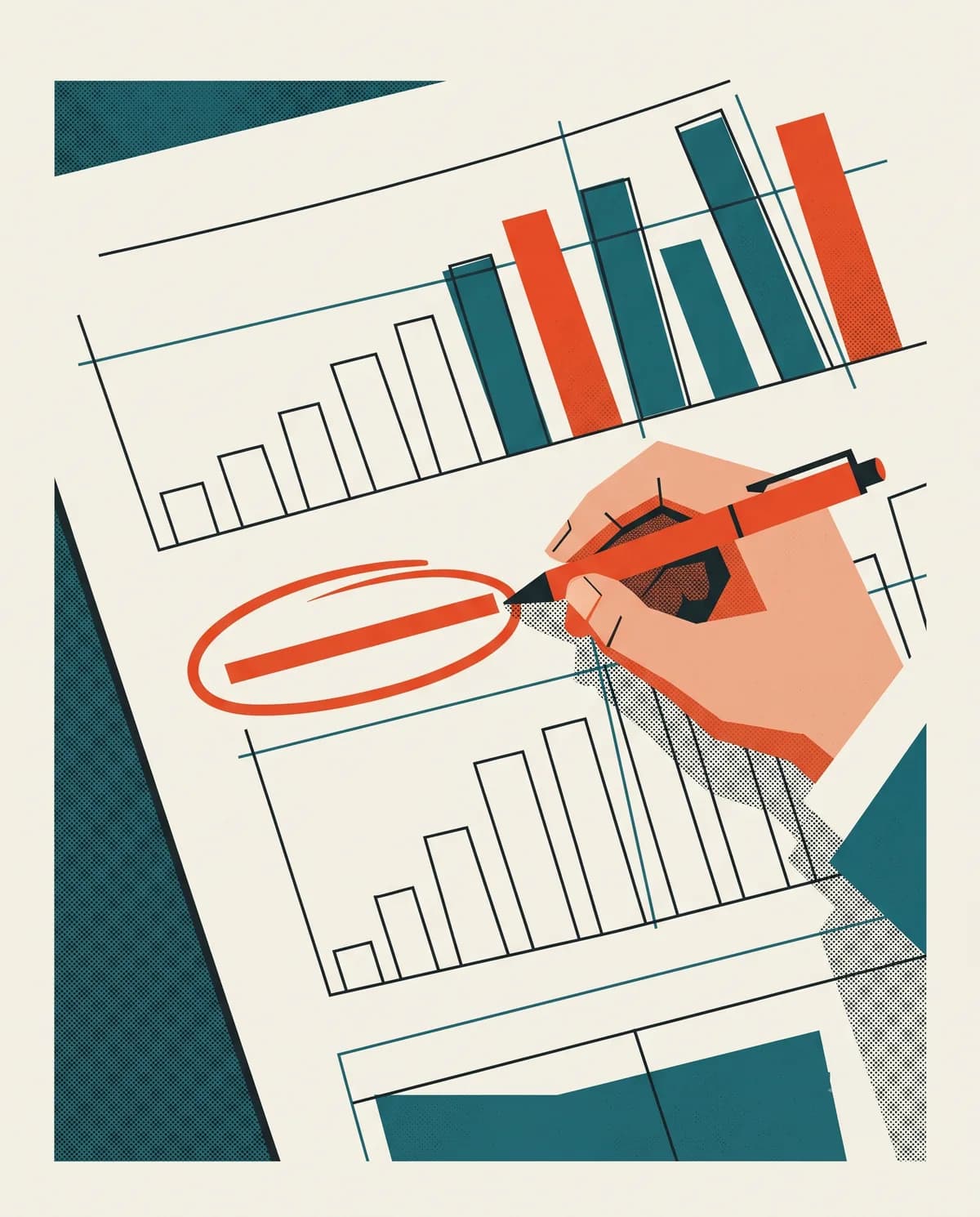 A hand with a vermilion pen boldly circling the one flat line on a monthly scoreboard of otherwise rising bar charts, the pen still touching the paper