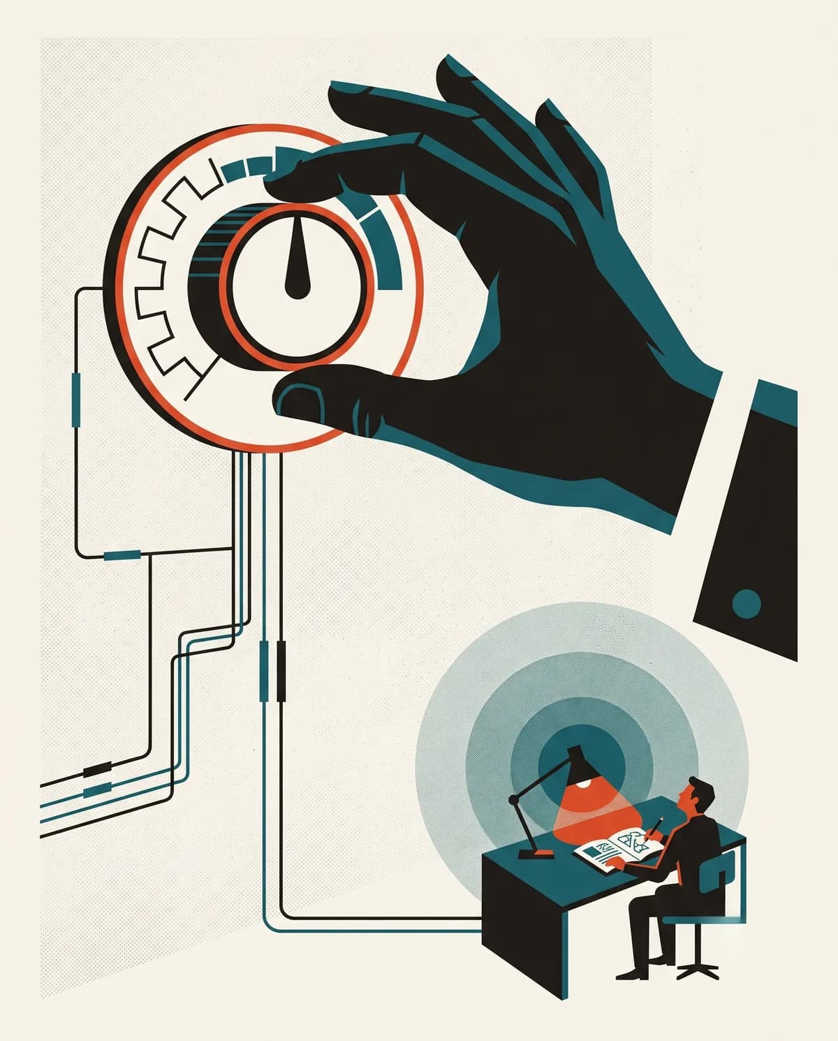 A hand resting on an oversized industrial dial, the gauge face blank, the operator out of frame