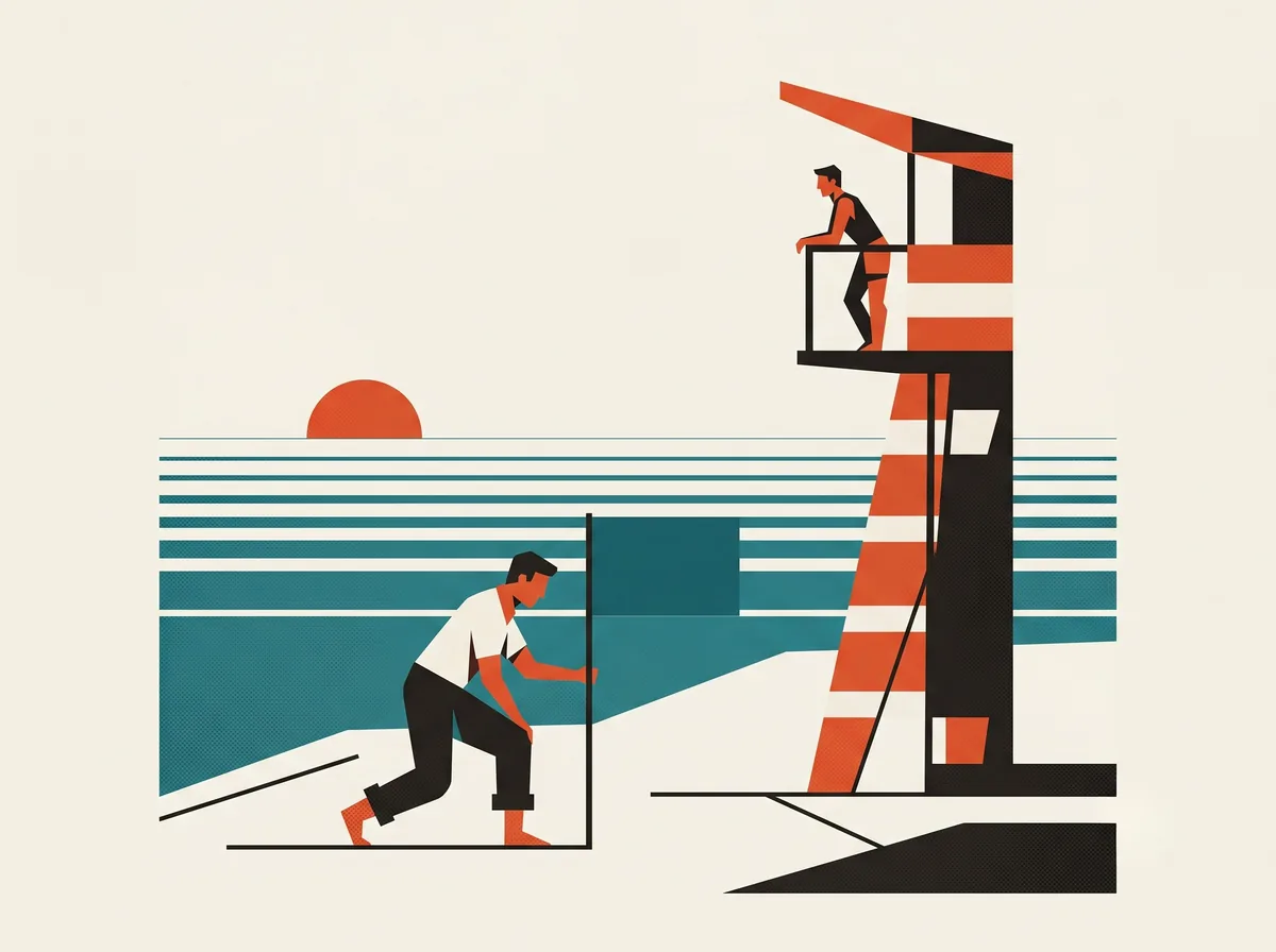 A beach inspector in rolled trousers plants a plain flag on a clean shoreline at sunset while a lifeguard watches from a striped tower