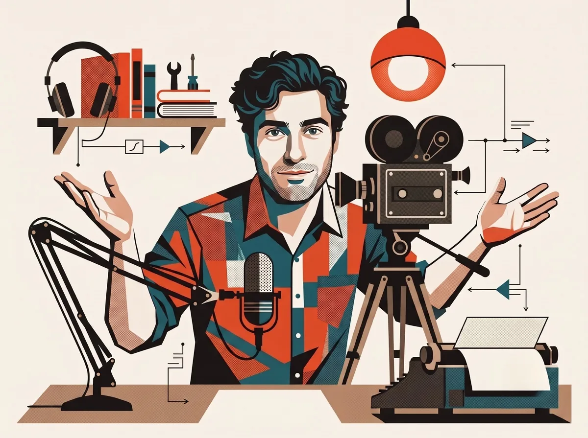 A man with a knowing smile spreads both hands mid-story between a boom-mounted ribbon microphone and a vintage film camera on a tripod, typewriter at his side, a vermilion lamp above