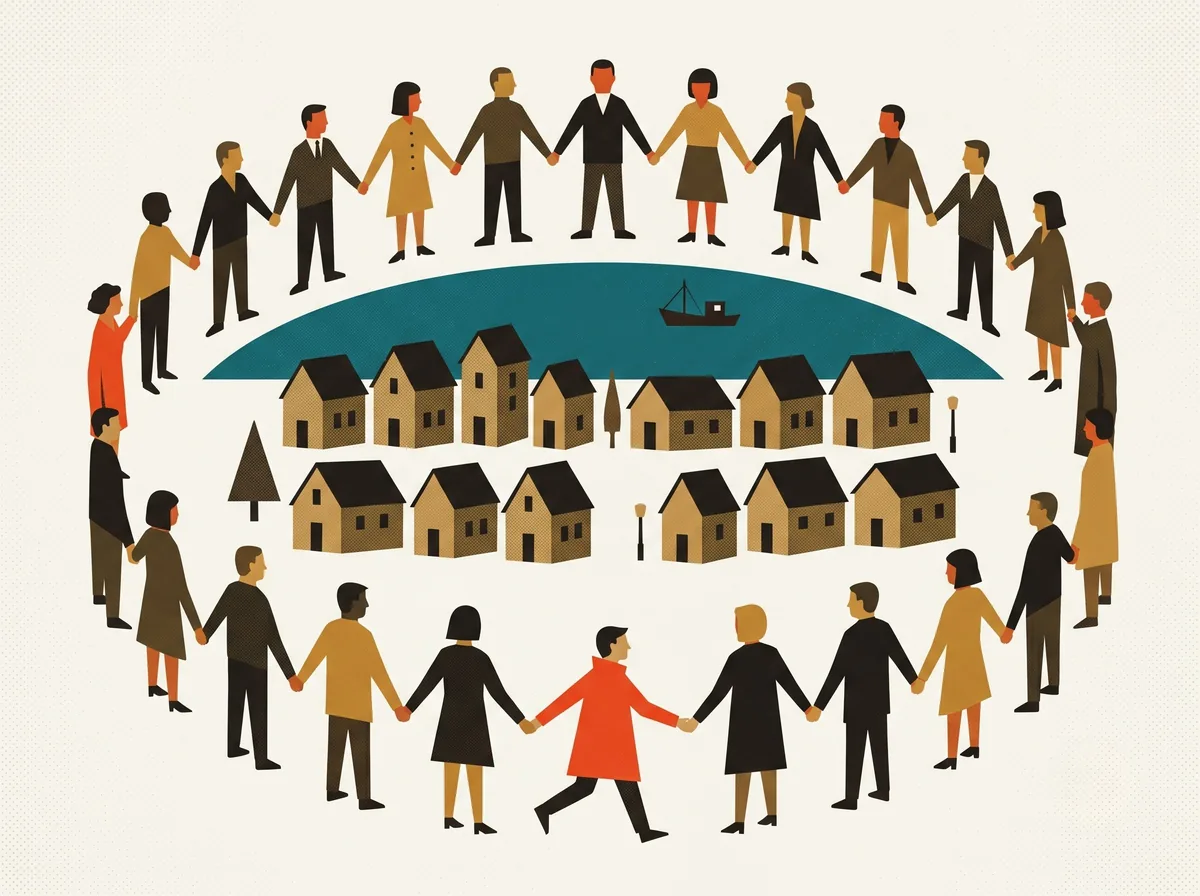 A ring of neighbors holding hands encircles a small lakeside village of gabled houses, one neighbor in a vermilion coat striding in to close the last gap in the circle