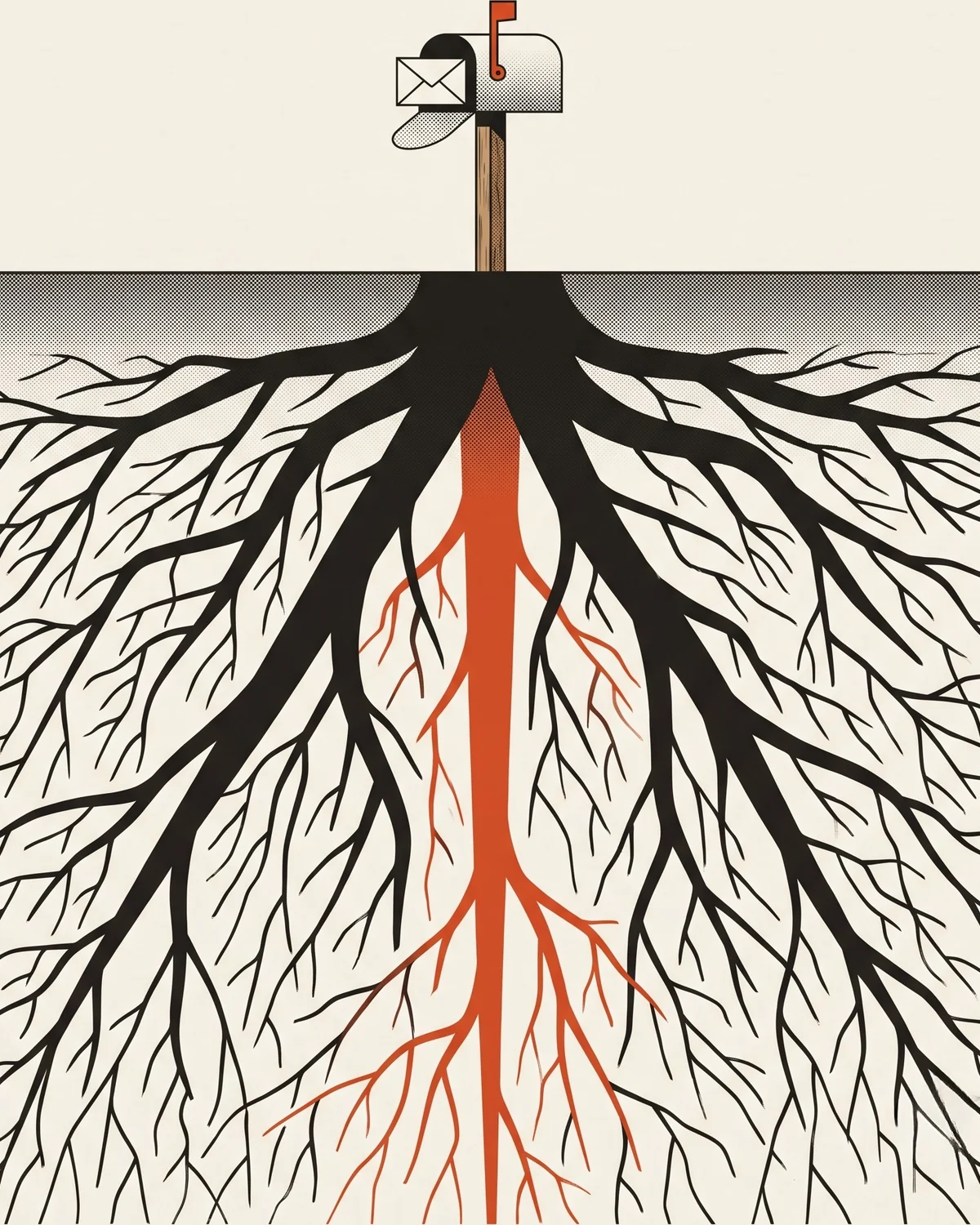 A botanical cutaway: a small mailbox on a post above the soil line, with an enormous root system filling the ground beneath it, one root vermilion
