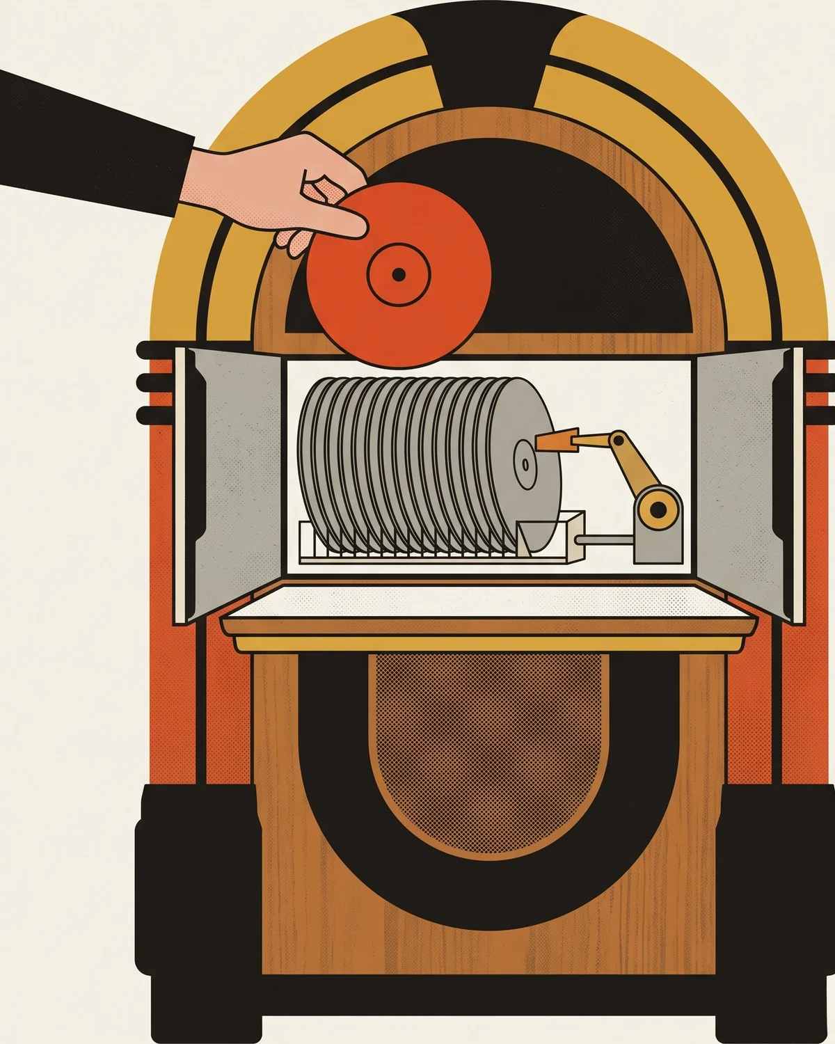 A mid-century jukebox with its front open, a mechanical arm resting on a rack of identical grey records, while a human hand holds one vermilion record above the slot