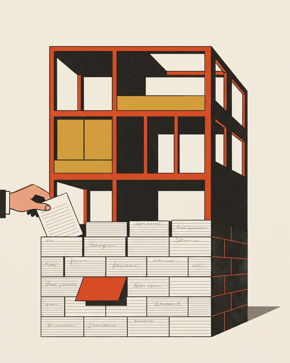A modernist building under construction whose foundation is built of stacked paper sheets laid like masonry, one sheet vermilion, a hand setting the next